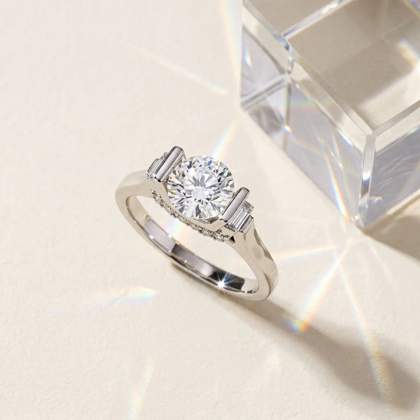 White gold Round Brilliant Solitaire Diamond Ring with Channel Set Band and Bar Prong Setting