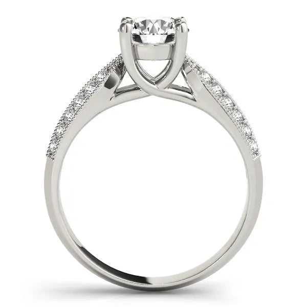 White gold Round Brilliant Solitaire Engagement Ring with Pave Band and Four-Prong Setting