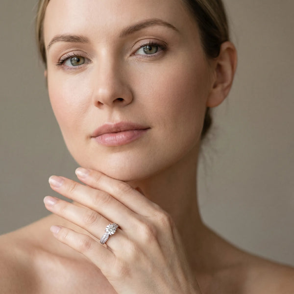 White gold Round Brilliant Solitaire Engagement Ring with Pave Band and Four-Prong Setting
