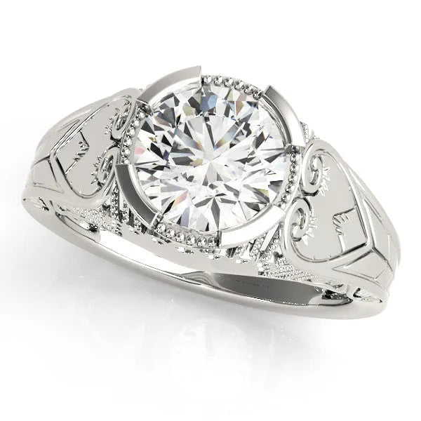 White gold Round Brilliant Solitaire Milgrain Bezel Engagement Ring