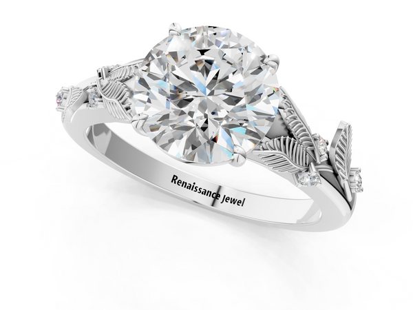 White gold Round Cut Diamond Solitaire Ring with Leaf Motif Band and Four-Prong Setting