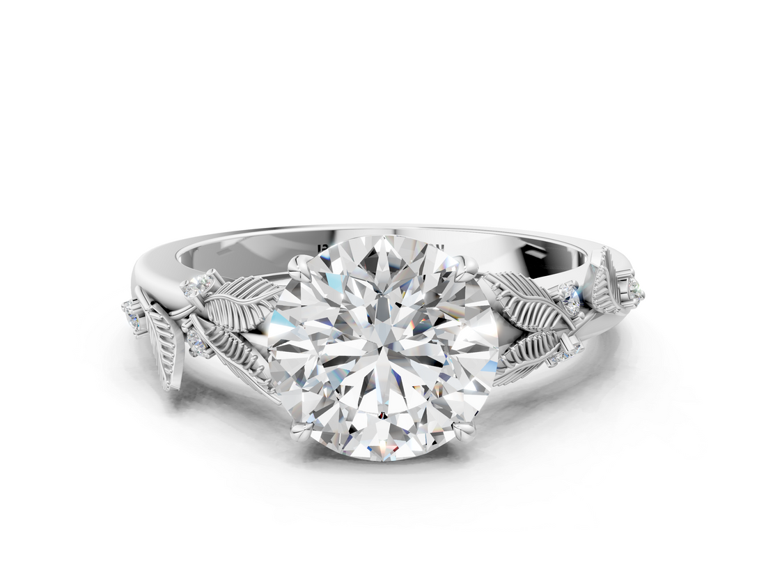 White gold Round Brilliant Solitaire with Leaf Motif Band and Four-Prong Setting_83