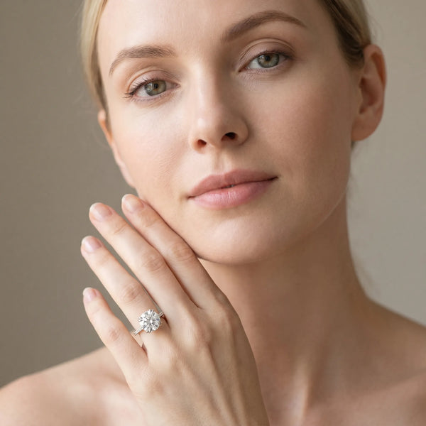White gold Round Brilliant Solitaire with Pavé Band and Claw Prong Setting