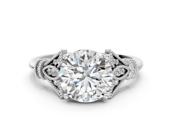 White gold Round Diamond Solitaire Ring with Floral Filigree and Pave Accents