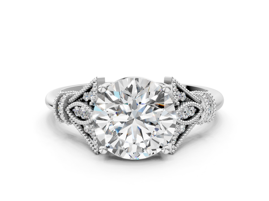 White gold Round Diamond Solitaire Ring with Floral Filigree and Pave Accents