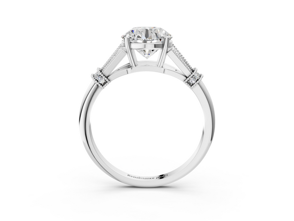 White gold Round Diamond Solitaire Ring with Floral Filigree and Pave Accents
