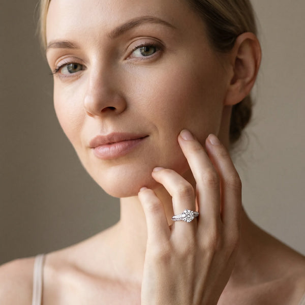 White gold Round Brilliant Split Shank Pave Diamond Engagement Ring with Four-Prong Setting