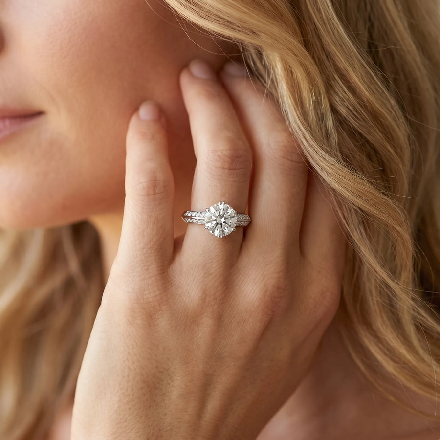 White gold Round Brilliant Split Shank Pave Diamond Engagement Ring with Four-Prong Setting