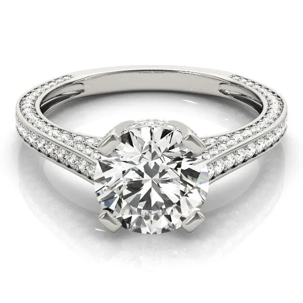 White gold Round Brilliant Split Shank Pave Solitaire Ring with Four-Prong Setting