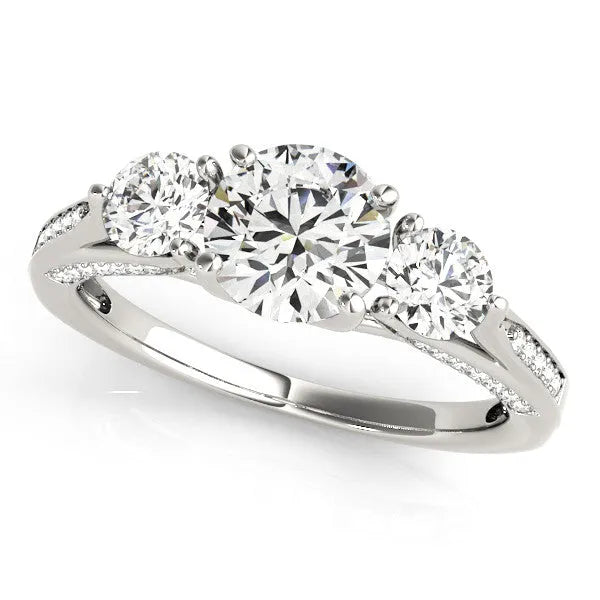 14K White Gold 1.42 Carat E VVS2 Round Brilliant Three-Stone Engagement Ring with Split Shank and Prong Setting