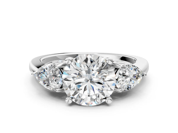 White gold Round Brilliant Three-Stone Ring with Pear Side Stones and Four-Prong Setting