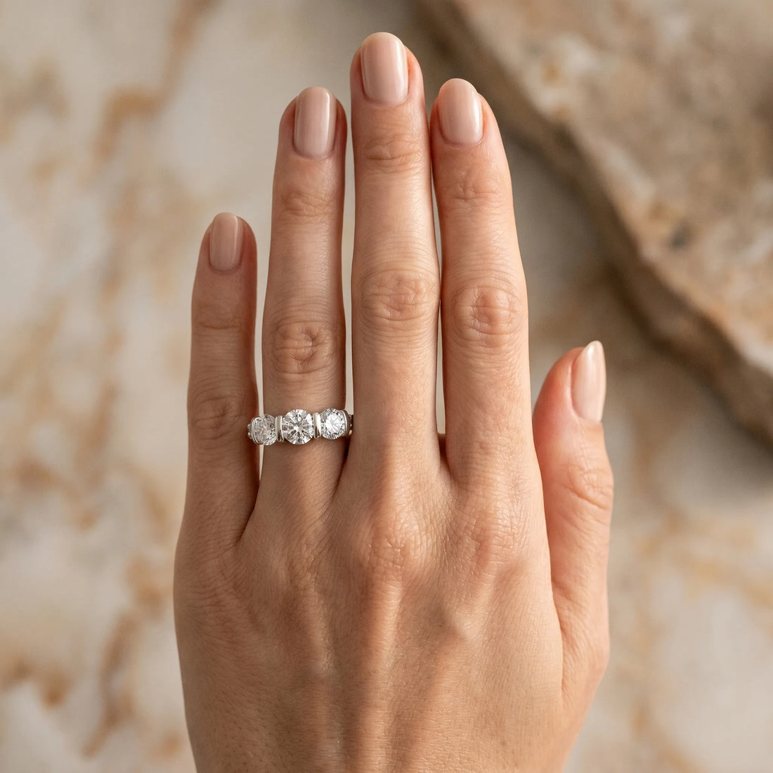 White gold Round Brilliant Trilogy Channel Set Diamond Ring with Bar Prongs_59