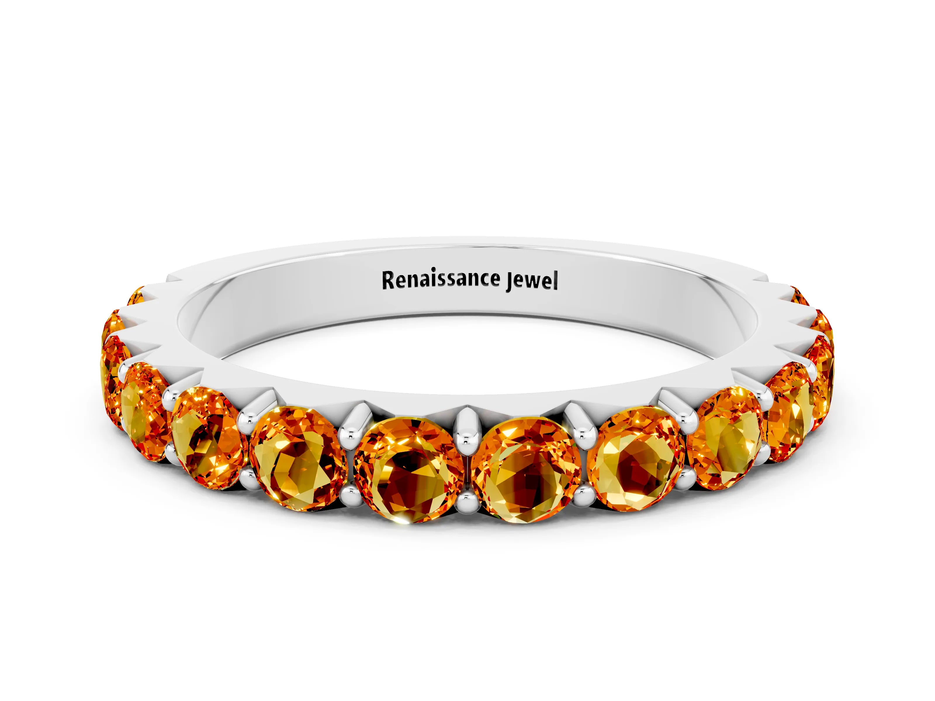 White gold Round Citrine Half Eternity Band with Classic Prong Setting_6