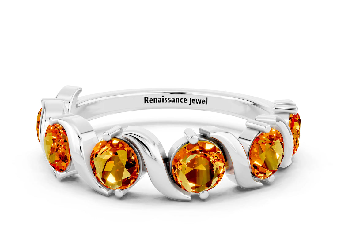 White gold Round Citrine Half Eternity Band with Wave Prong Setting_6