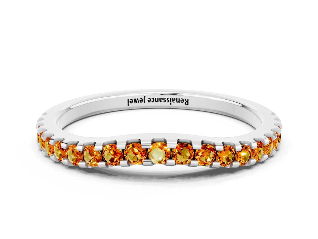 White gold Round Citrine Pavé Set Curved Wedding Band_10