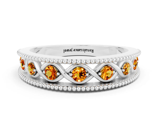 Platinum Round Citrine Vintage Twist Wedding Band with Milgrain Rails