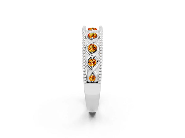 White Gold Round Citrine Vintage Twist Wedding Band with Milgrain Rails