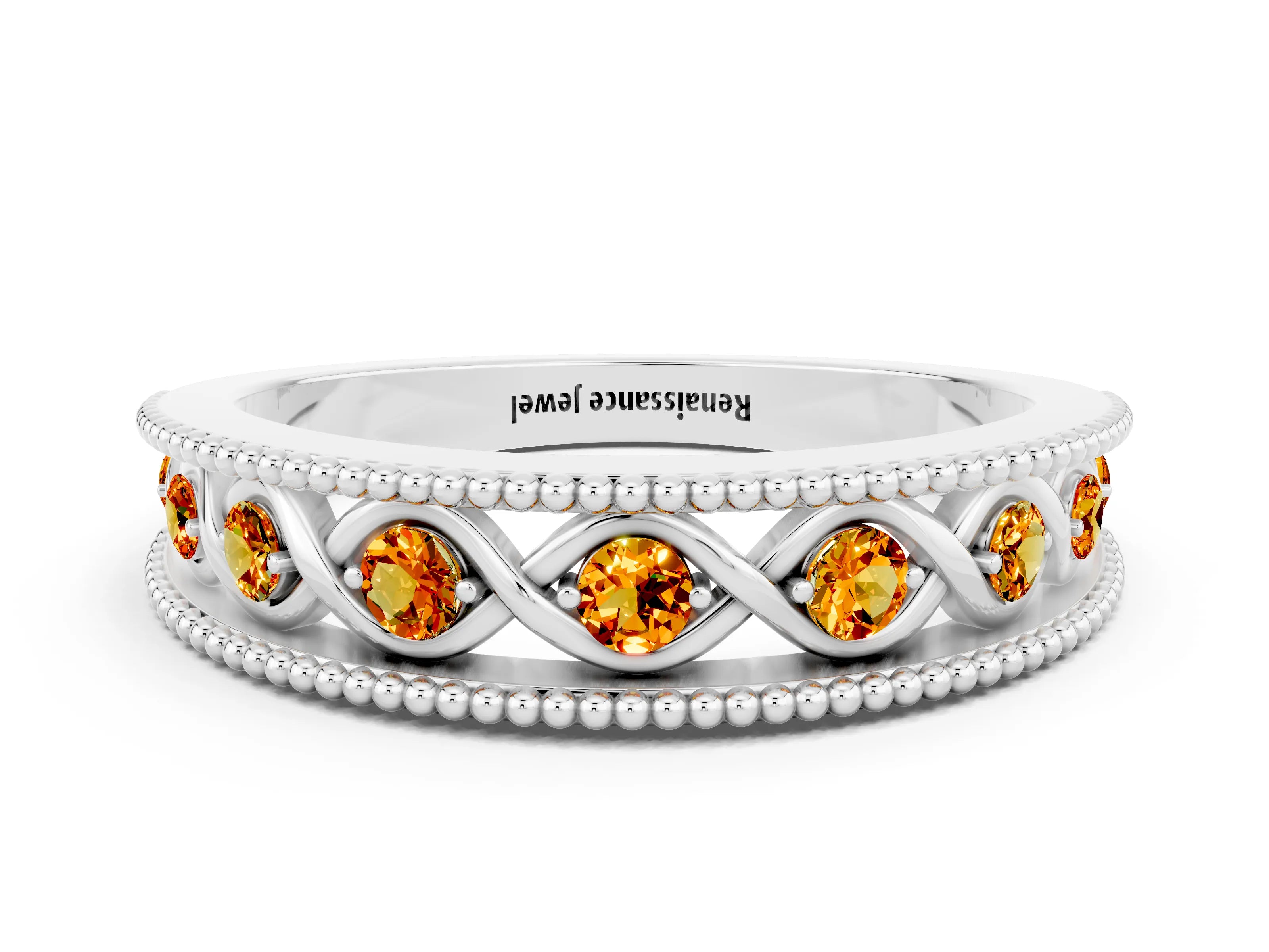 White gold Round Citrine Twist Milgrain Band with Bezel Setting