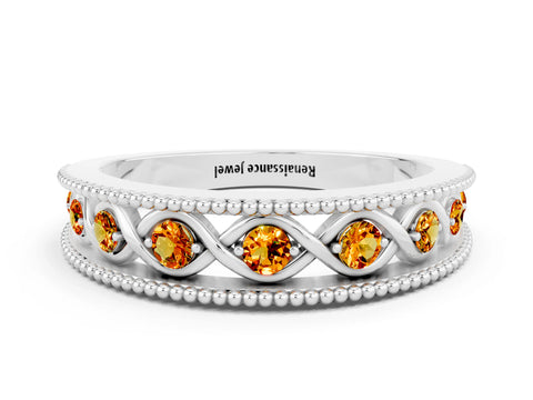 White gold Round Citrine Twist Milgrain Band with Bezel Setting