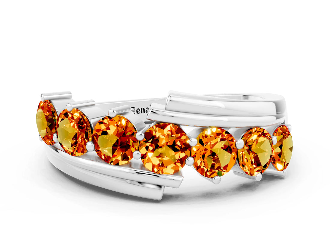White gold Round Citrine Wave Band with Channel and Shared Prong Setting_18