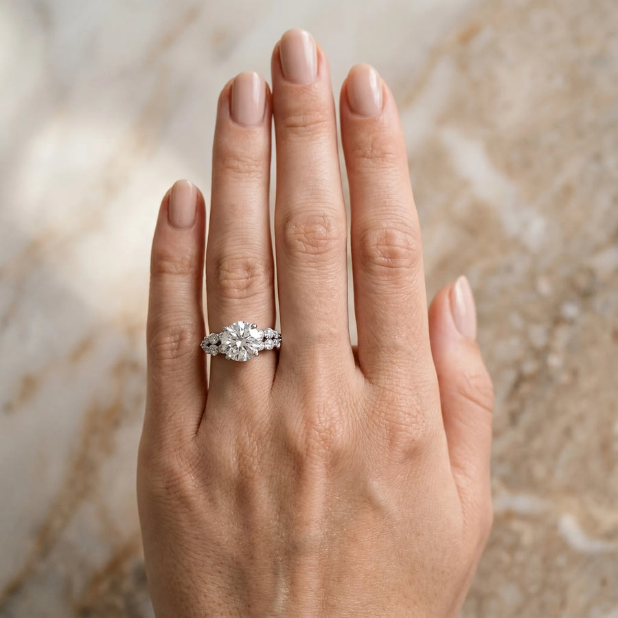 White gold Round Cluster Diamond Engagement Ring with Pavé Band and Four-Prong Setting