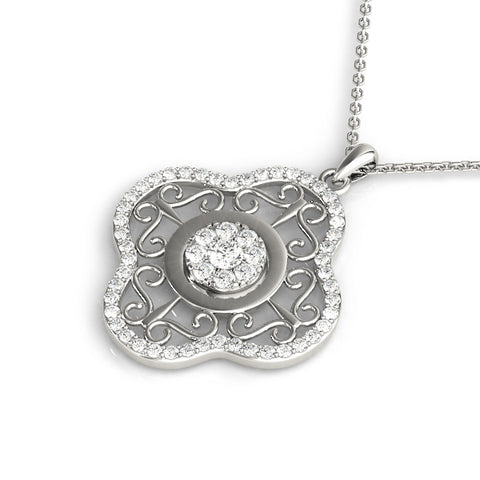 White gold Round Cluster Diamond Pendant with Pavé and Scroll Prong Setting 1