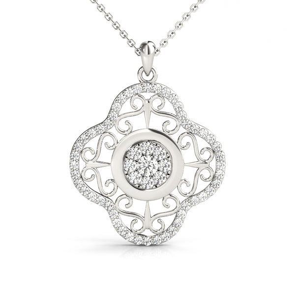 White gold Round Cluster Diamond Pendant with Pavé and Scroll Prong Setting