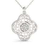 White gold Round Cluster Diamond Pendant with Pavé and Scroll Prong Setting