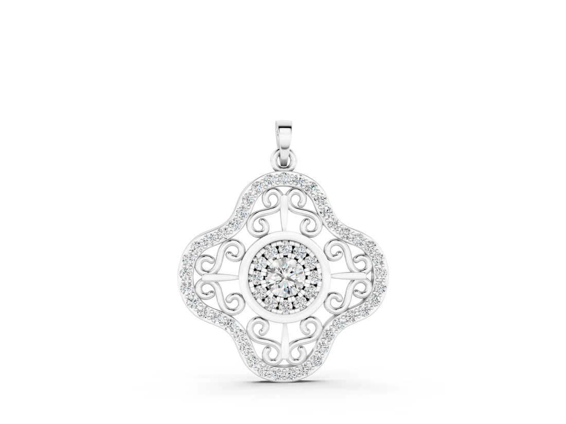 White gold Round Cluster Diamond Pendant with Pavé and Scroll Prong Setting_2