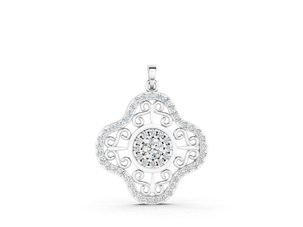 White gold Round Cluster Diamond Pendant with Pavé and Scroll Prong Setting