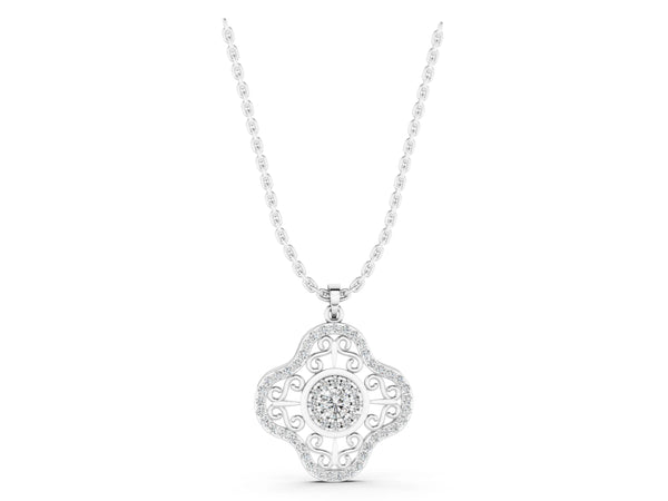 White gold Round Cluster Diamond Pendant with Pavé and Scroll Prong Setting