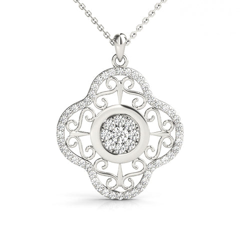 White gold Round Cluster Diamond Pendant with Pavé and Scroll Prong Setting