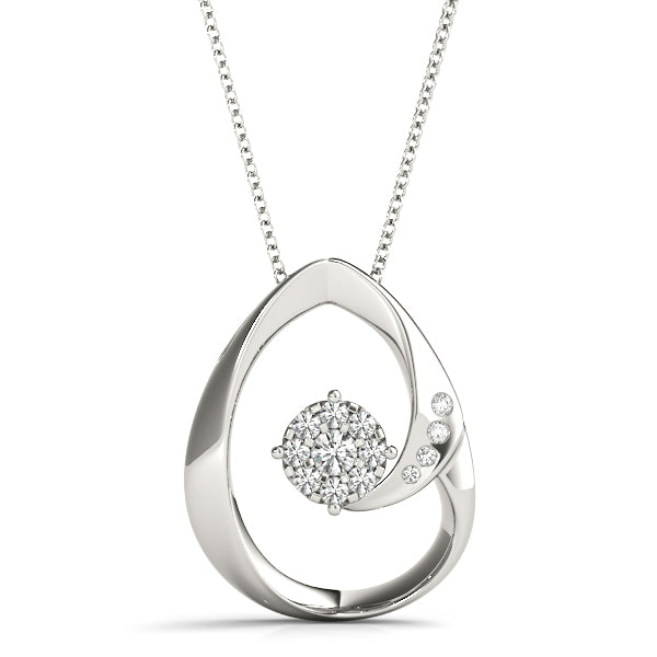 Silver Round Cluster Diamond Prong-Set Teardrop Pendant