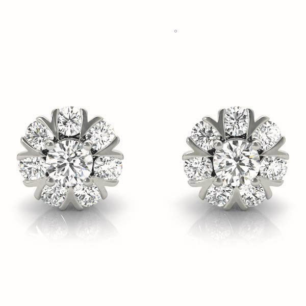 Silver Round Cluster Diamond Stud Earrings with Prong Setting