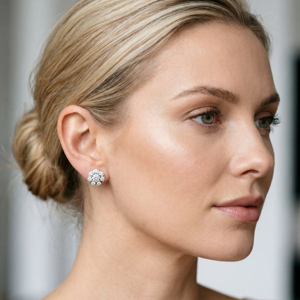 Silver Round Cluster Diamond Stud Earrings with Prong Setting