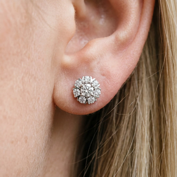 Silver Round Cluster Diamond Stud Earrings with Prong Setting