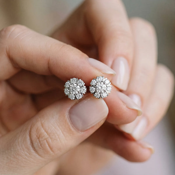 Silver Round Cluster Diamond Stud Earrings with Prong Setting