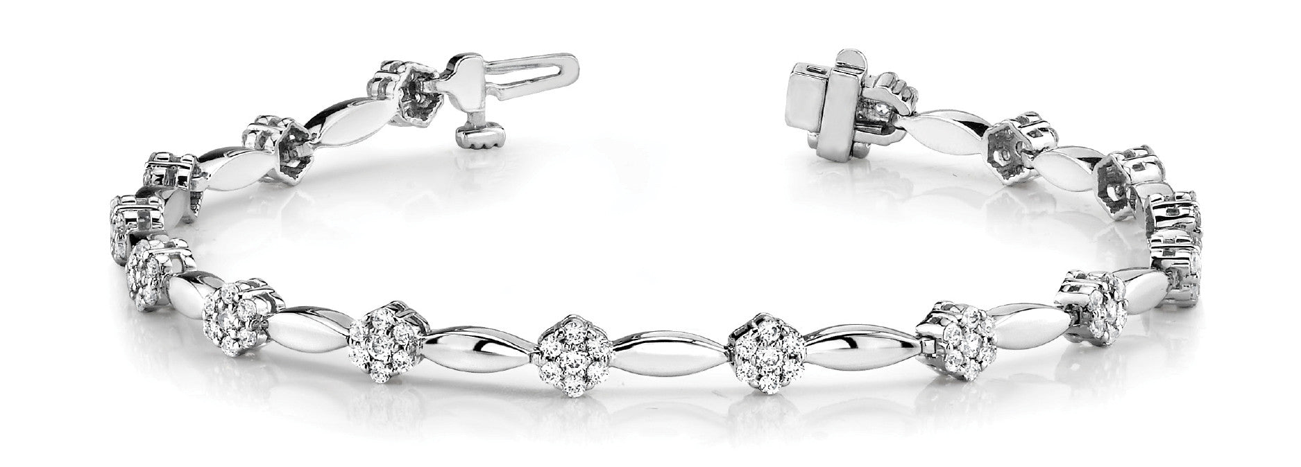 White gold Round Cluster Diamond Tennis Bracelet with Marquise Links and Four-Prong Setting