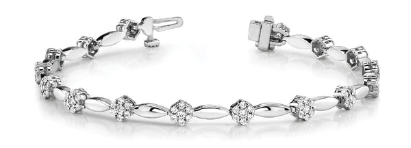 White gold Round Cluster Diamond Tennis Bracelet with Marquise Links and Four-Prong Setting