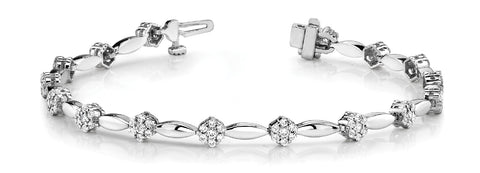 White gold Round Cluster Diamond Tennis Bracelet with Marquise Links and Four-Prong Setting
