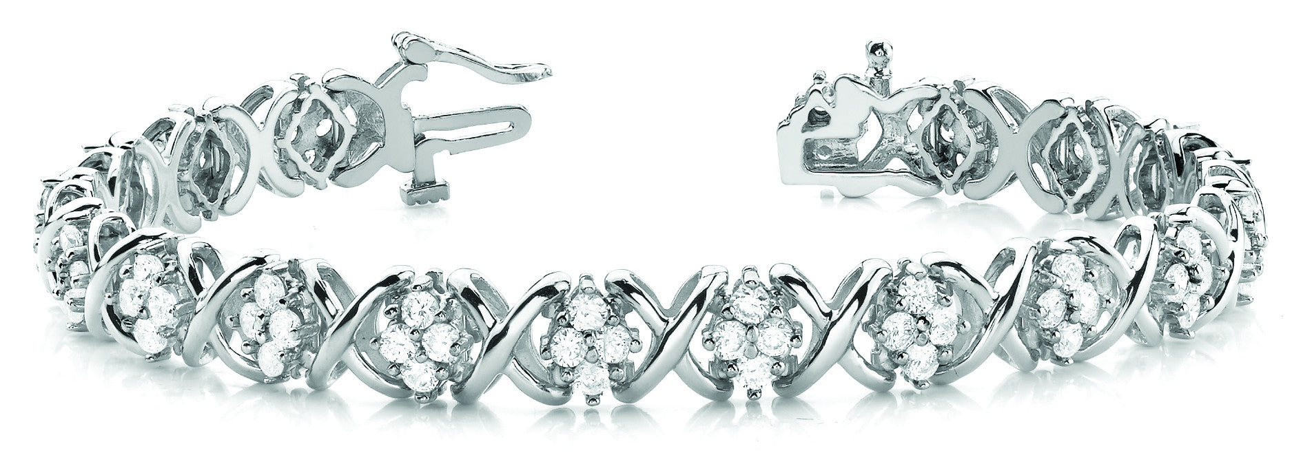 White gold Round Cluster Diamond Tennis Bracelet with X-Link Band and Four-Prong Setting