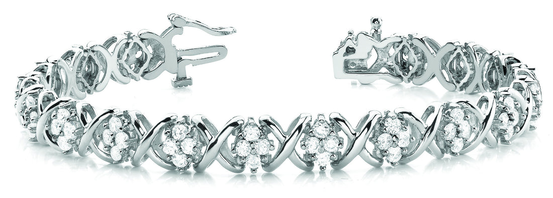 White gold Round Cluster Diamond Tennis Bracelet with X-Link Band and Four-Prong Setting