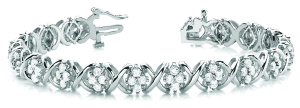 White gold Round Cluster Diamond Tennis Bracelet with X-Link Band and Four-Prong Setting