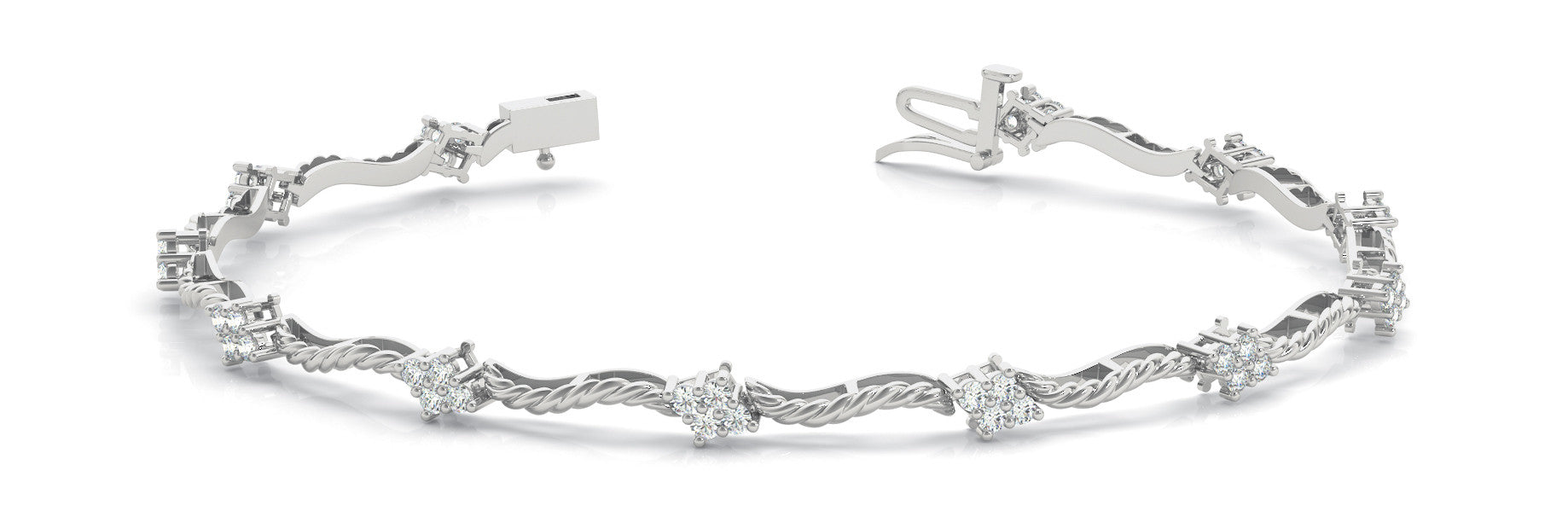 White gold Round Cluster Diamond Twist Link Bracelet with Four-Prong Setting