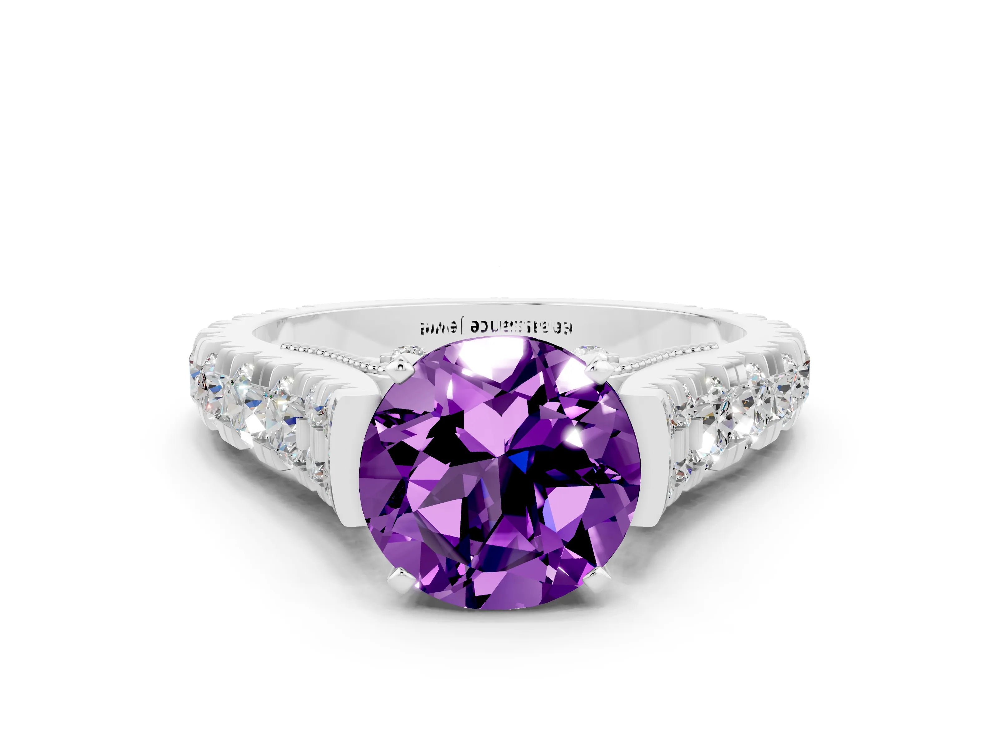 White gold Round Cut Amethyst Classic Solitaire Ring with Pavé Band and Four-Prong Setting