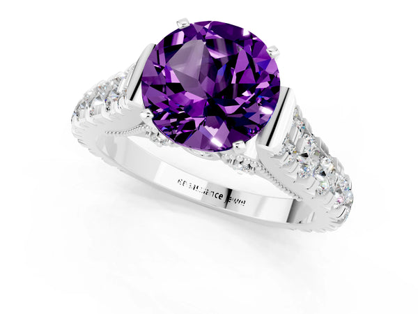 White gold Round Cut Amethyst Classic Solitaire Ring with Pavé Band and Four-Prong Setting