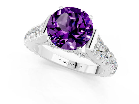 White gold Round Cut Amethyst Classic Solitaire Ring with Pavé Band and Four-Prong Setting_1