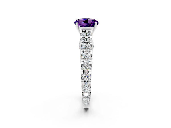 Platinum Round Cut Amethyst Classic Solitaire Ring with Pavé Band and Four-Prong Setting