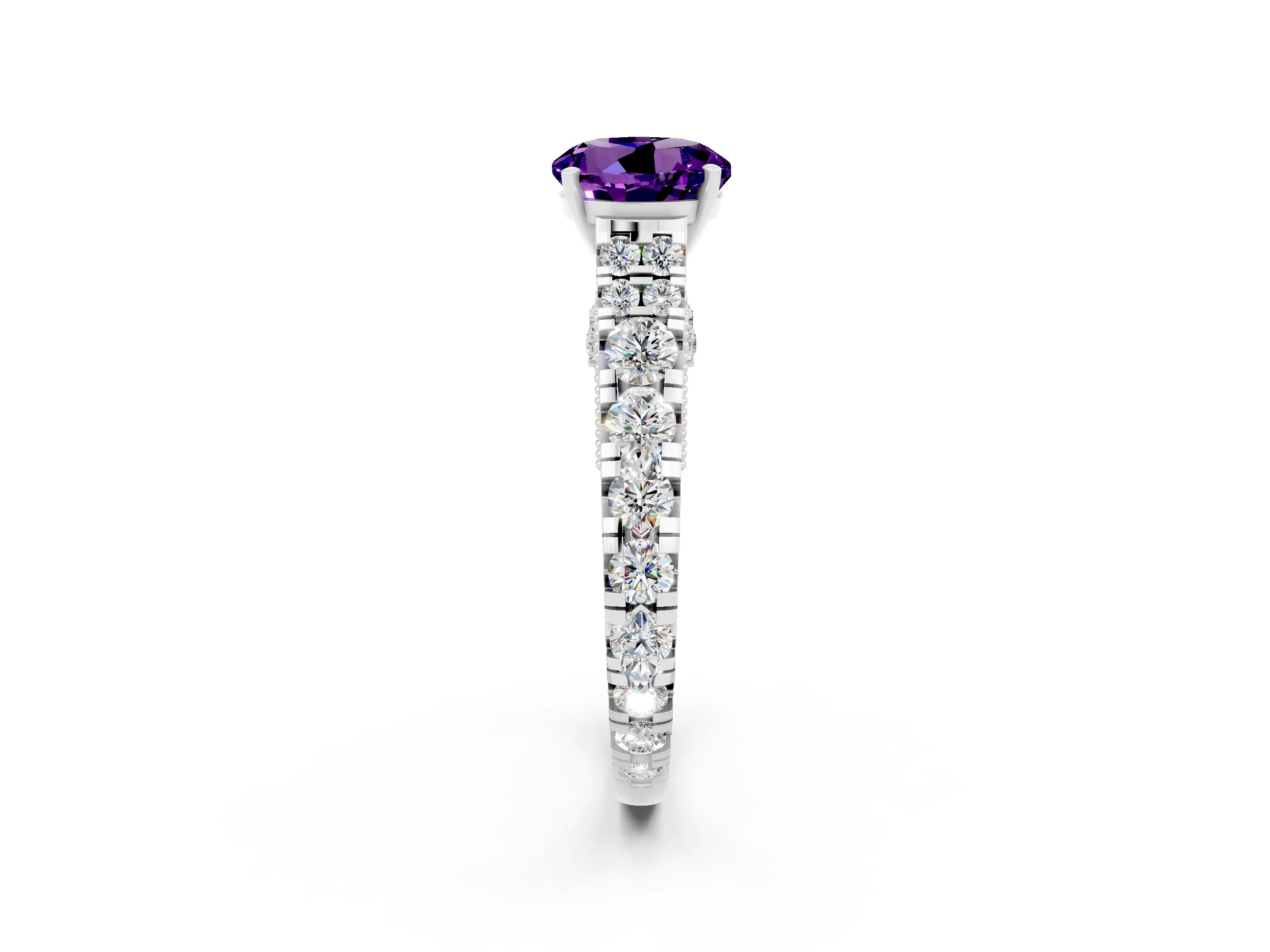 White gold Round Cut Amethyst Classic Solitaire Ring with Pavé Band and Four-Prong Setting_2