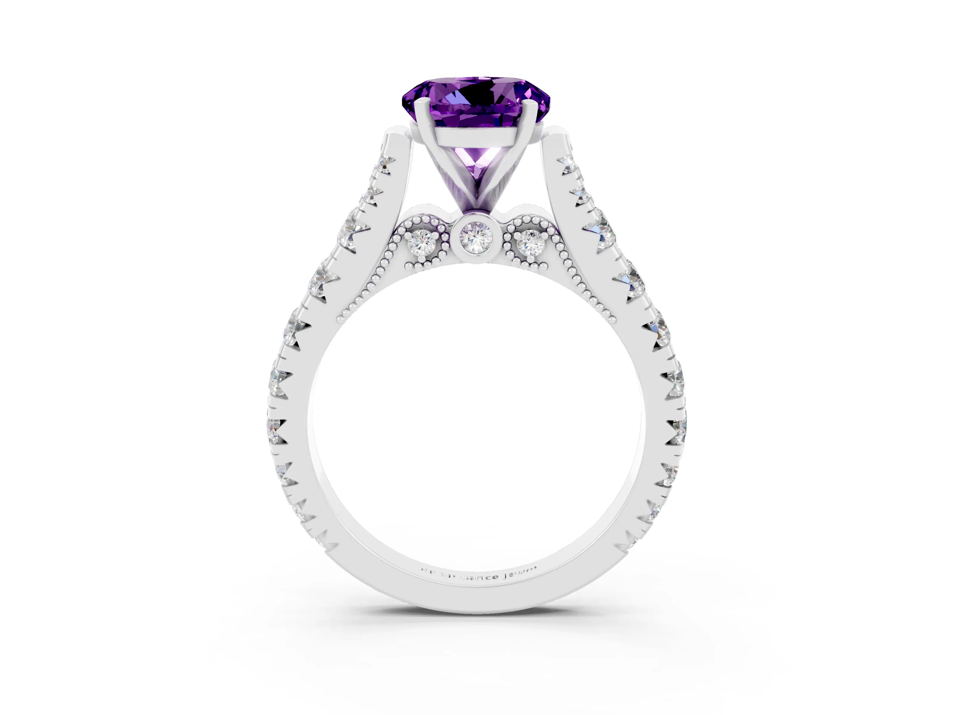 White gold Round Cut Amethyst Classic Solitaire Ring with Pavé Band and Four-Prong Setting_3